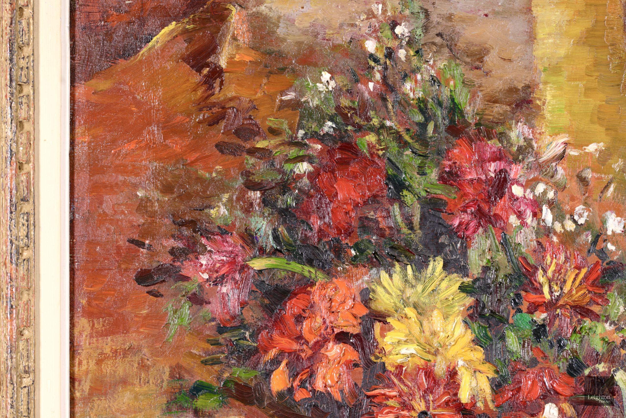 Dalias en una jarra - Óleo postimpresionista, bodegón Flores de Marcel Dyf 2
