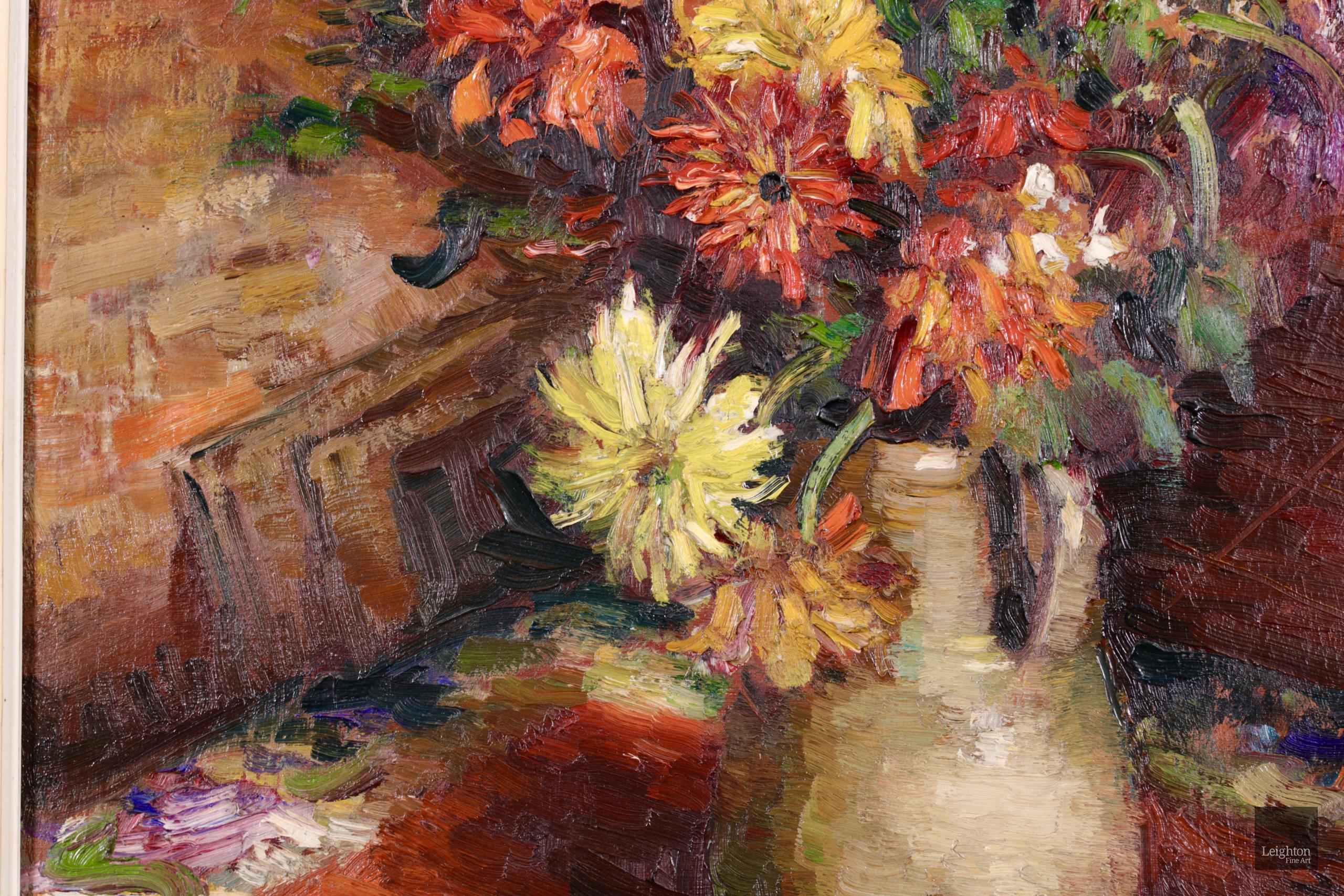 Dahlien in einem Krug - Postimpressionistisches Ölgemälde, Stillleben-Blumen von Marcel Dyf 5