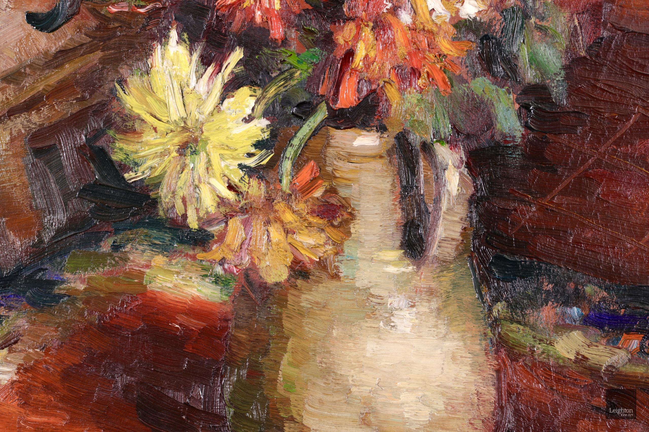 Dalias en una jarra - Óleo postimpresionista, bodegón Flores de Marcel Dyf 8