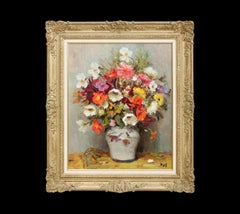 Dahlias & Tulips Still Life Impressionist Painting of red, orange, pink flowers
