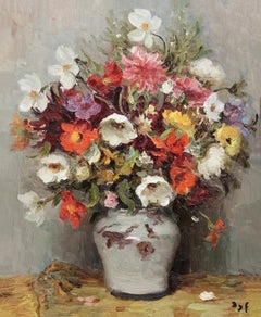 Dahlias & Tulips Still Life Impressionist Painting of red, orange, pink flowers