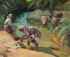 Femmes Maroccaines par Marcel Dyf - Peinture de scène de rivière