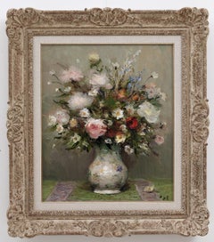 'Fleur de Jardin' Still Life painting of garden flowers, roses, green, pink 