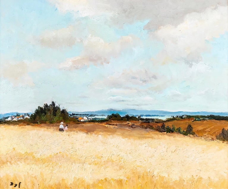'Golden Fields' French Impressionist Country Landscape painting with figures - Painting by Marcel Dyf