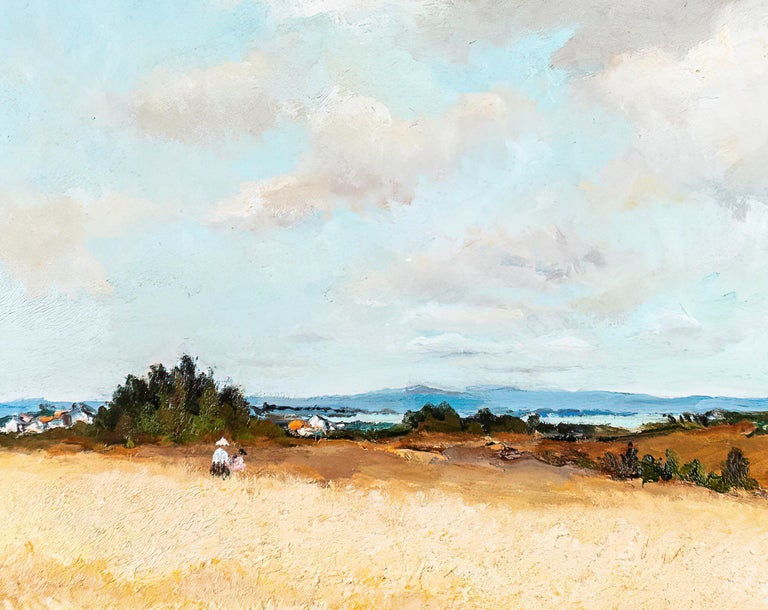 'Golden Fields' French Impressionist Country Landscape painting with figures - Beige Figurative Painting by Marcel Dyf