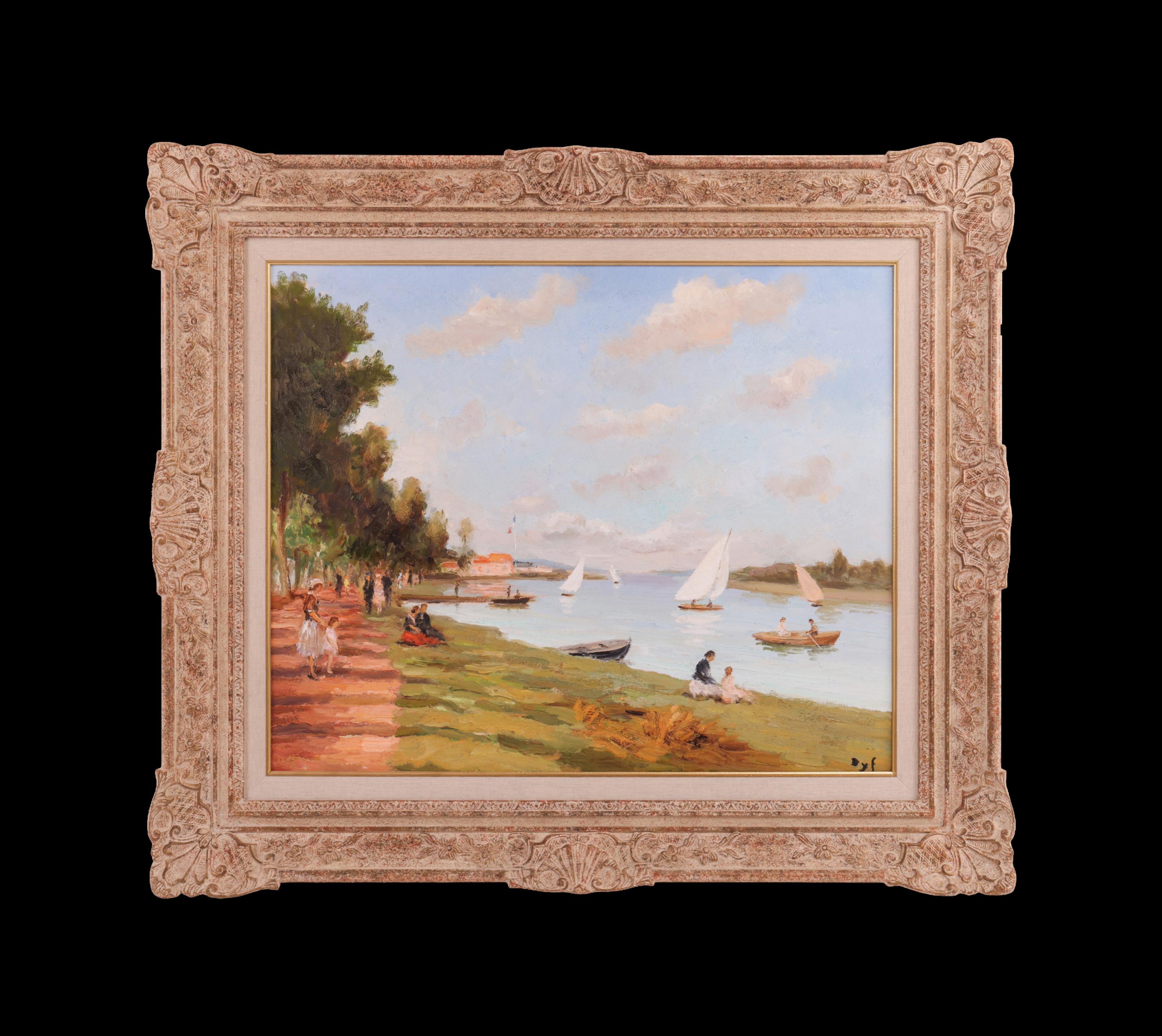 la Siene, Bougival Impressionistische Landschaft Frankreich, Figuren, Boote Seewasser – Painting von Marcel Dyf