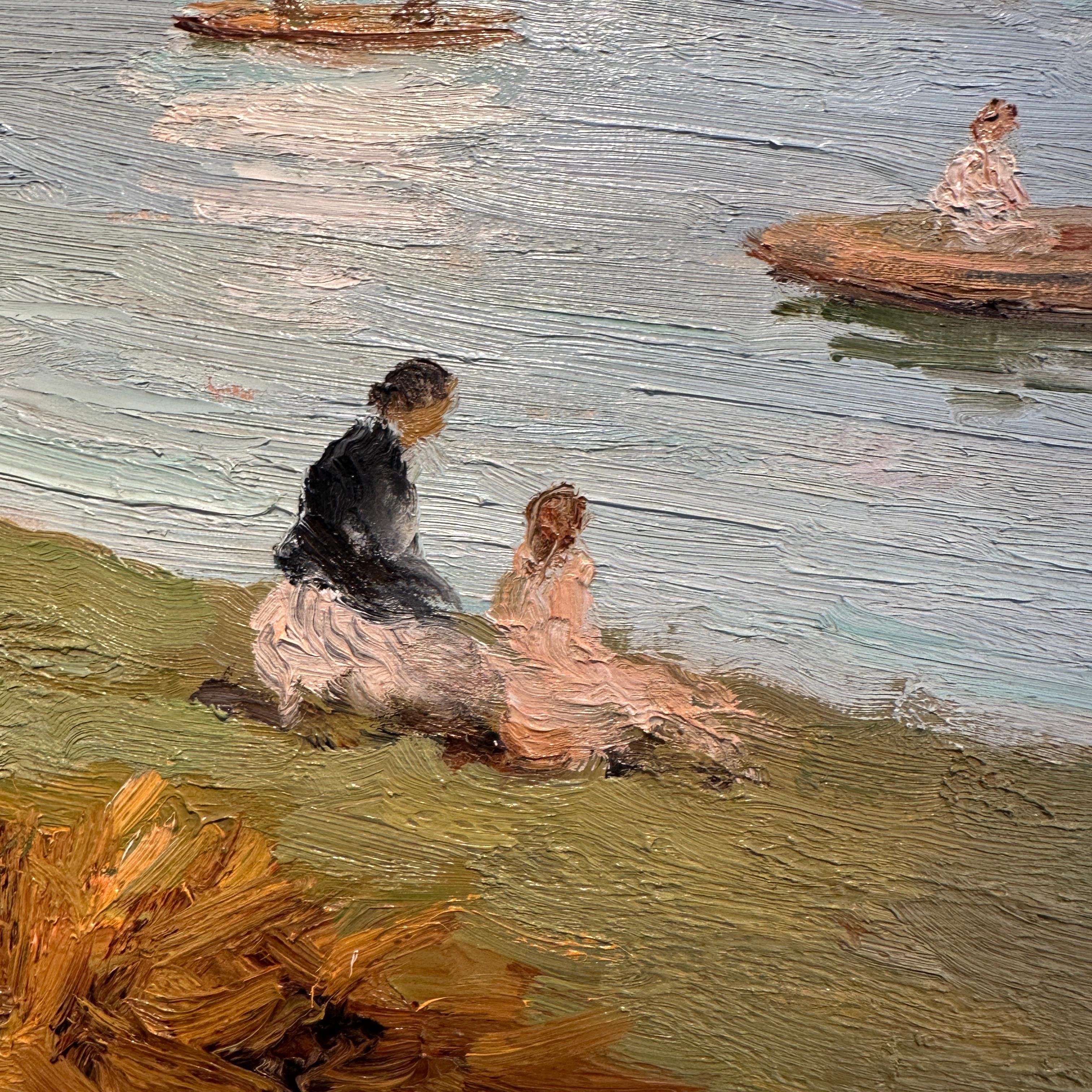 la Siene, Bougival Impressionistische Landschaft Frankreich, Figuren, Boote Seewasser (Impressionismus), Painting, von Marcel Dyf