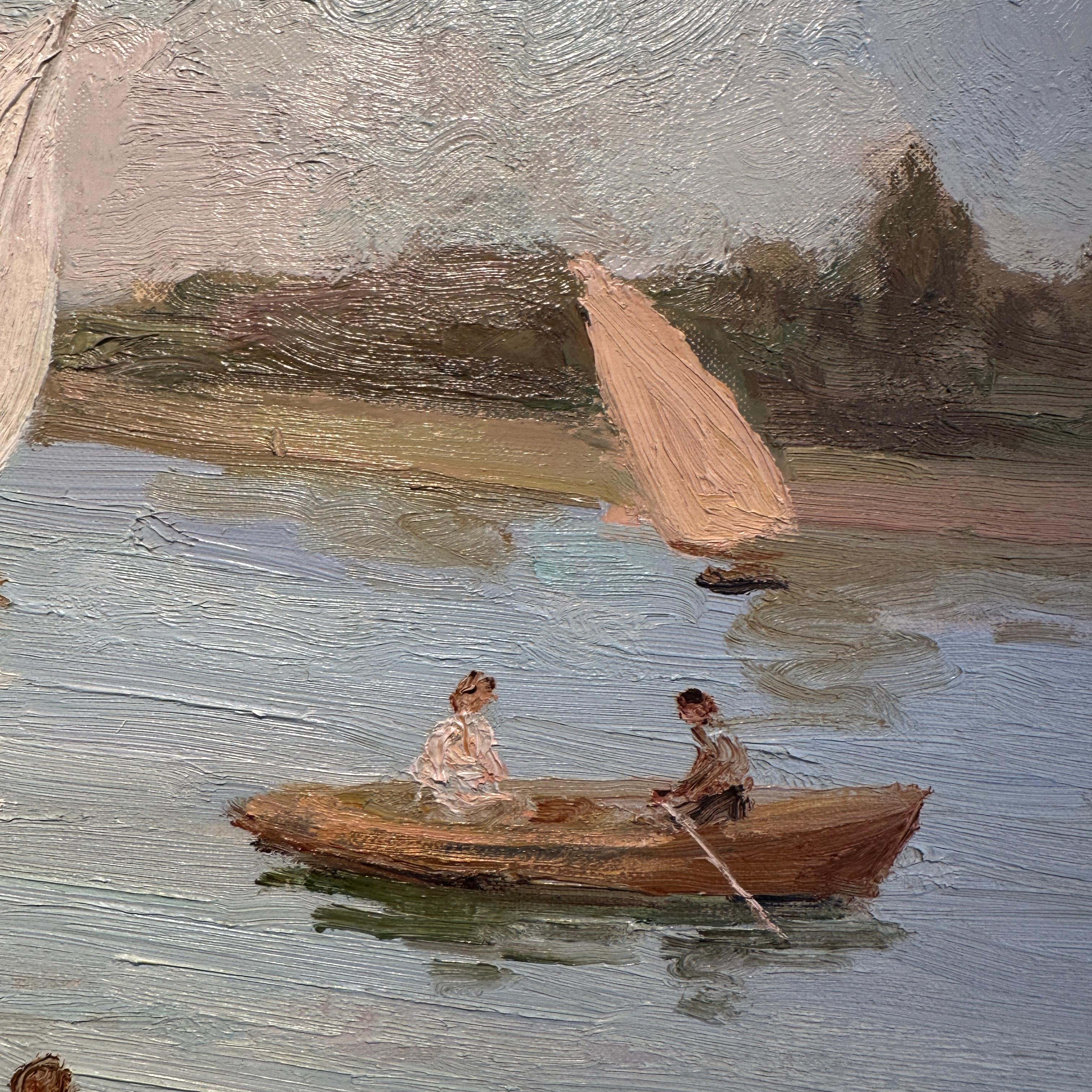 la Siene, Bougival Impressionistische Landschaft Frankreich, Figuren, Boote Seewasser (Grau), Landscape Painting, von Marcel Dyf