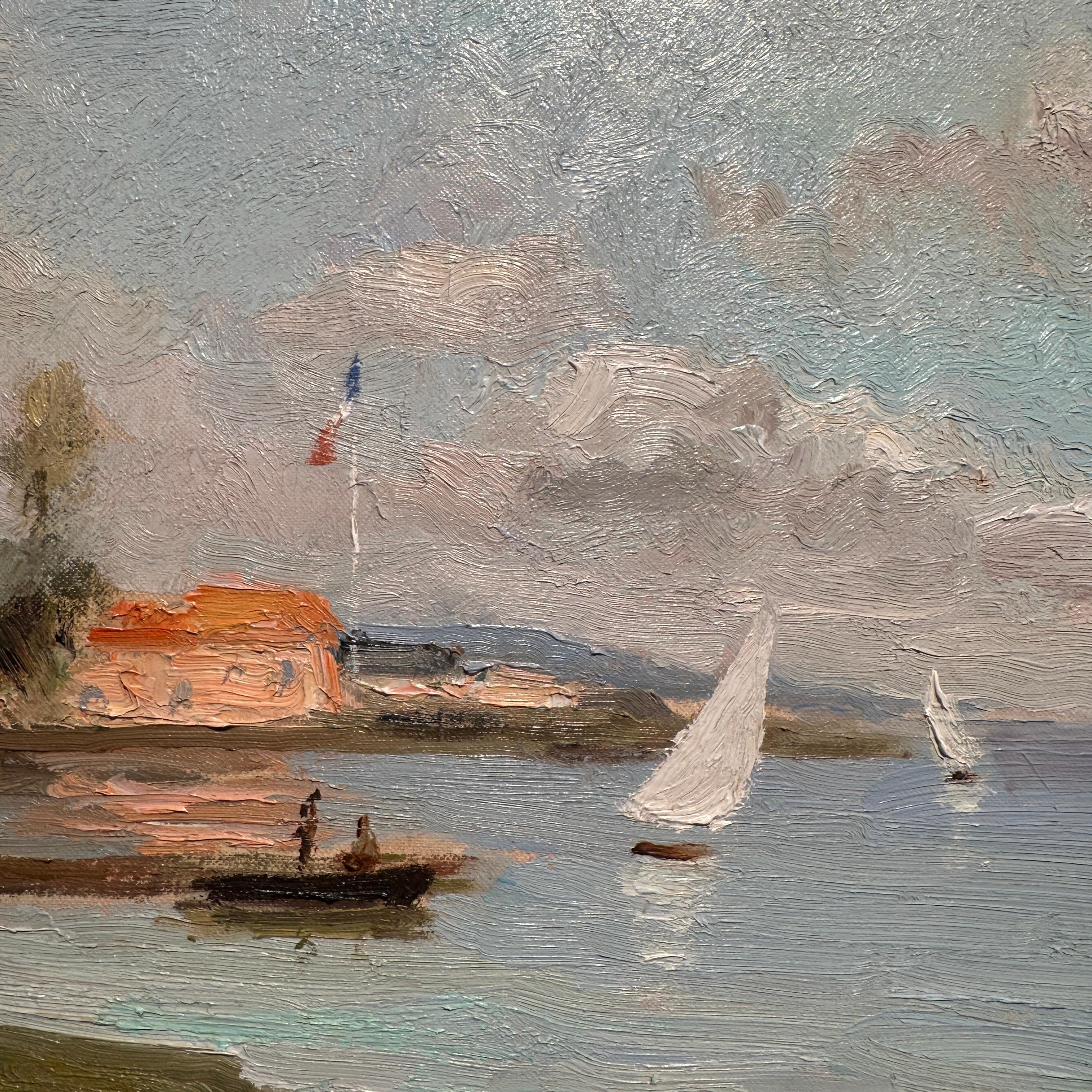 la Siene, Bougival Impressionistische Landschaft Frankreich, Figuren, Boote Seewasser im Angebot 1