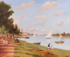 la Siene, Bougival Paisaje impresionista Francia, Figuras, Barcos Agua lacustre