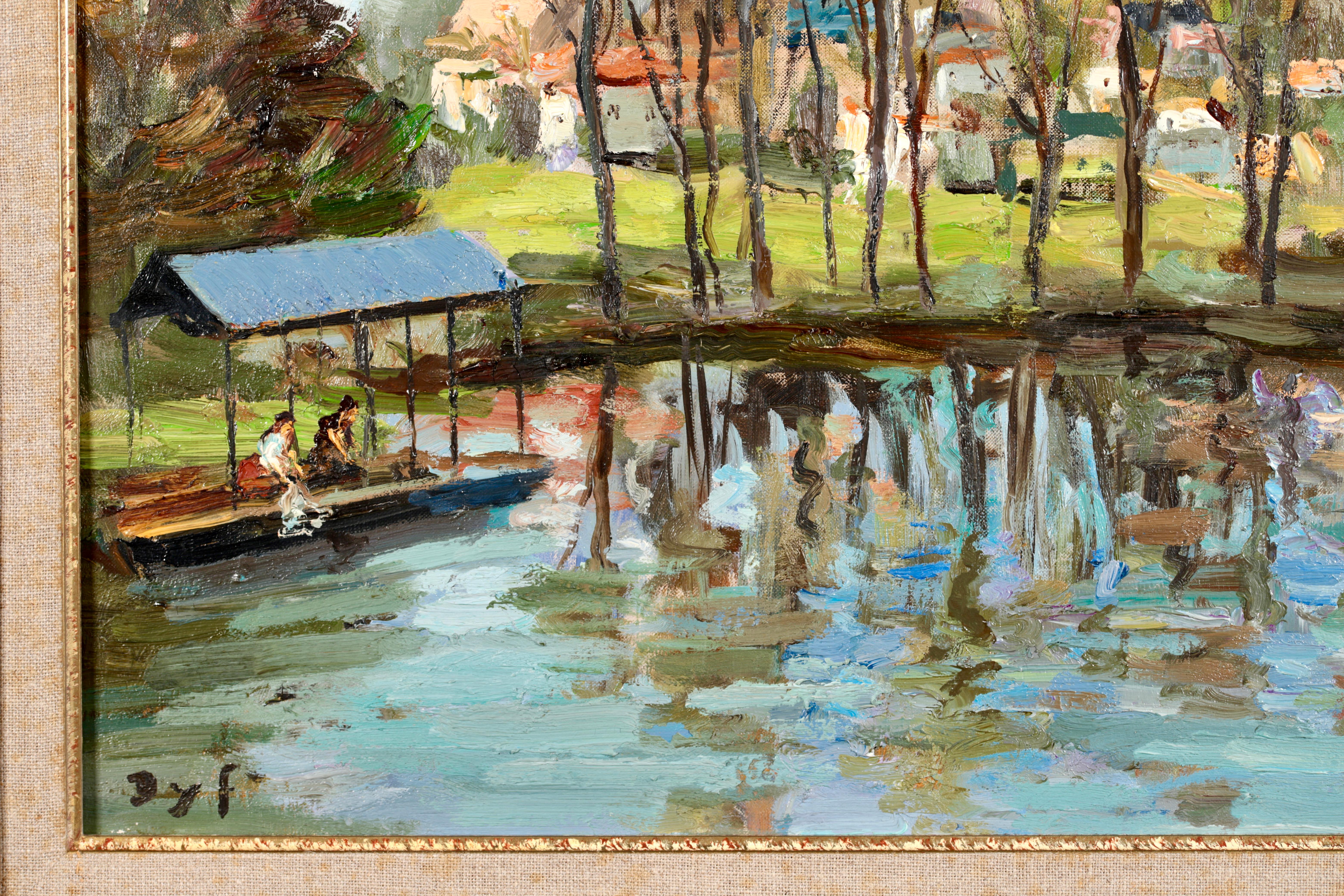 Lavoir sur la rivière - Impressionist Oil, Figures in Riverscape by Marcel Dyf 3