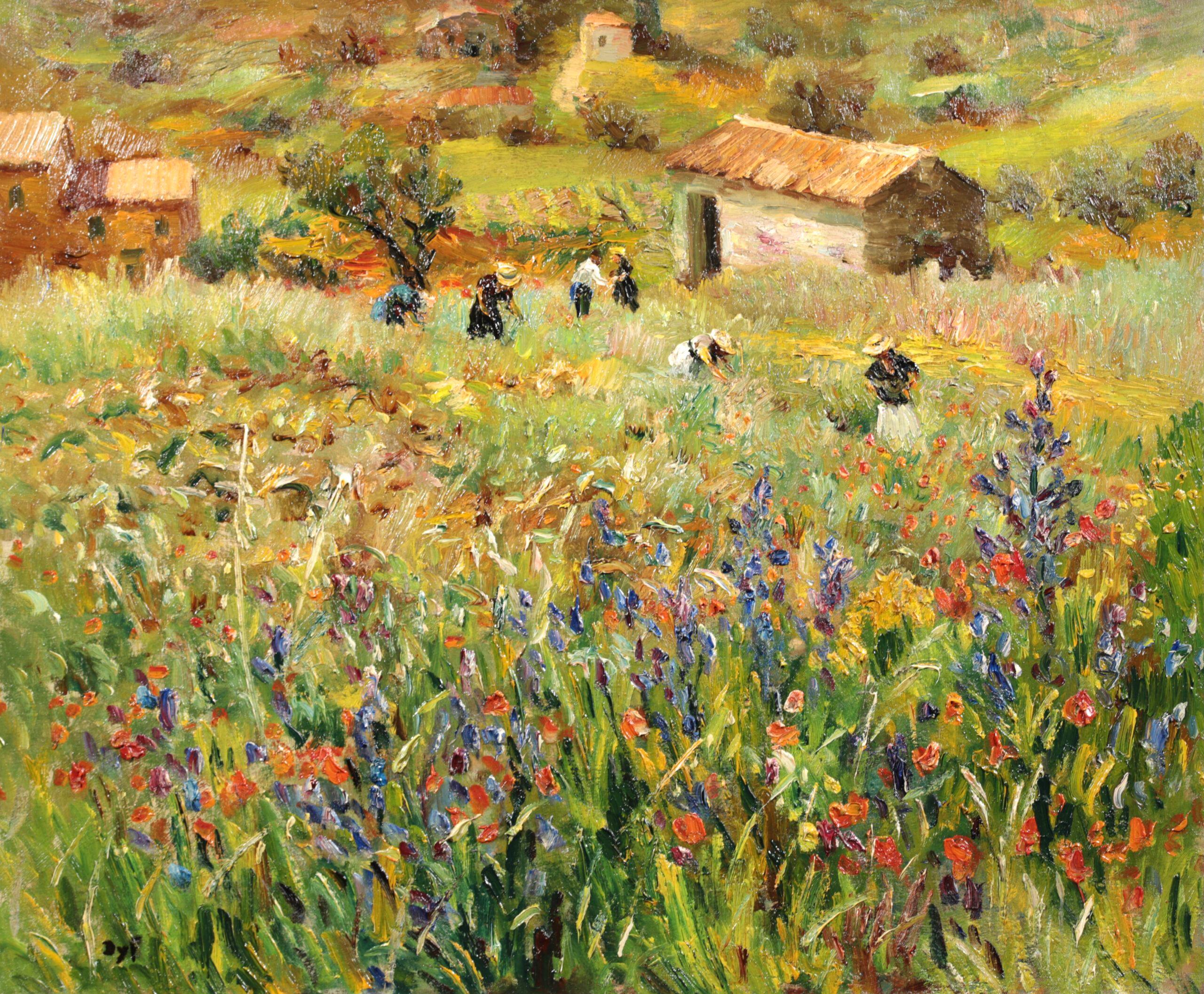 Signed oil on canvas figures in landscape by sought after French post impressionist painter Marcel Dyf. The work depicts workers picking flowers in a poppy field in St Paul de Vence, a medieval town on the French Riviera. 

Madame Claudine Dyf