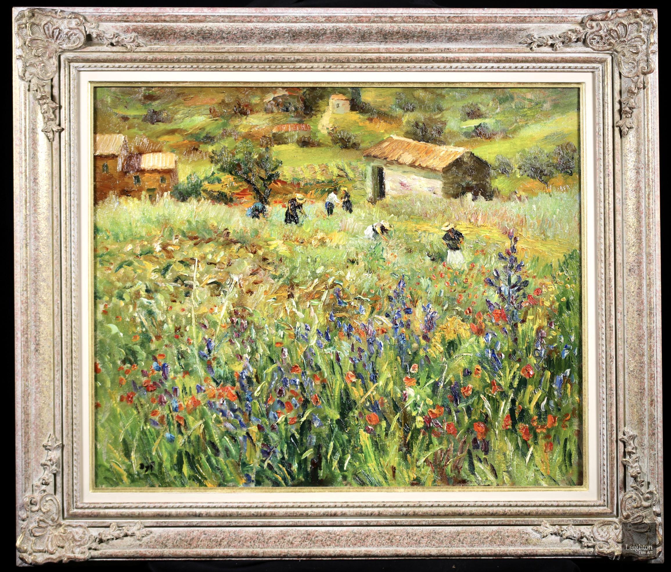 Huile sur toile signée de Marcel Dyf, peintre post impressionniste français très recherché, représentant des figures dans un paysage. L'œuvre représente des travailleurs cueillant des fleurs dans un champ de coquelicots à St Paul de Vence, une ville