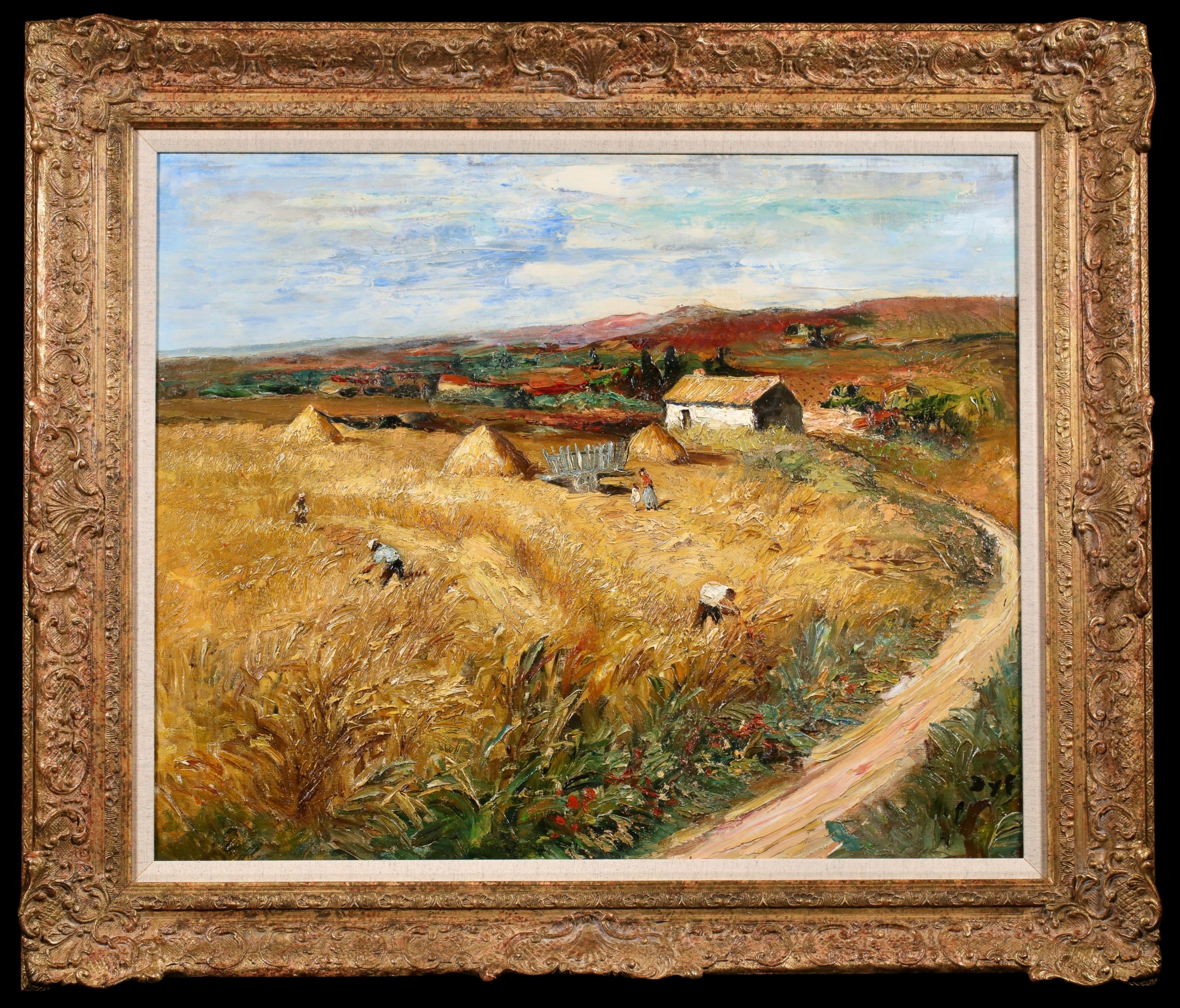 Signed oil on canvas figures in landscape circa 1950 by French post impressionist painter Marcel Dyf. The work depicts doing a late summer harvest in Provence, France.

Signature:
Signed lower right

Dimensions:
Framed: 31"x36" 
Unframed: