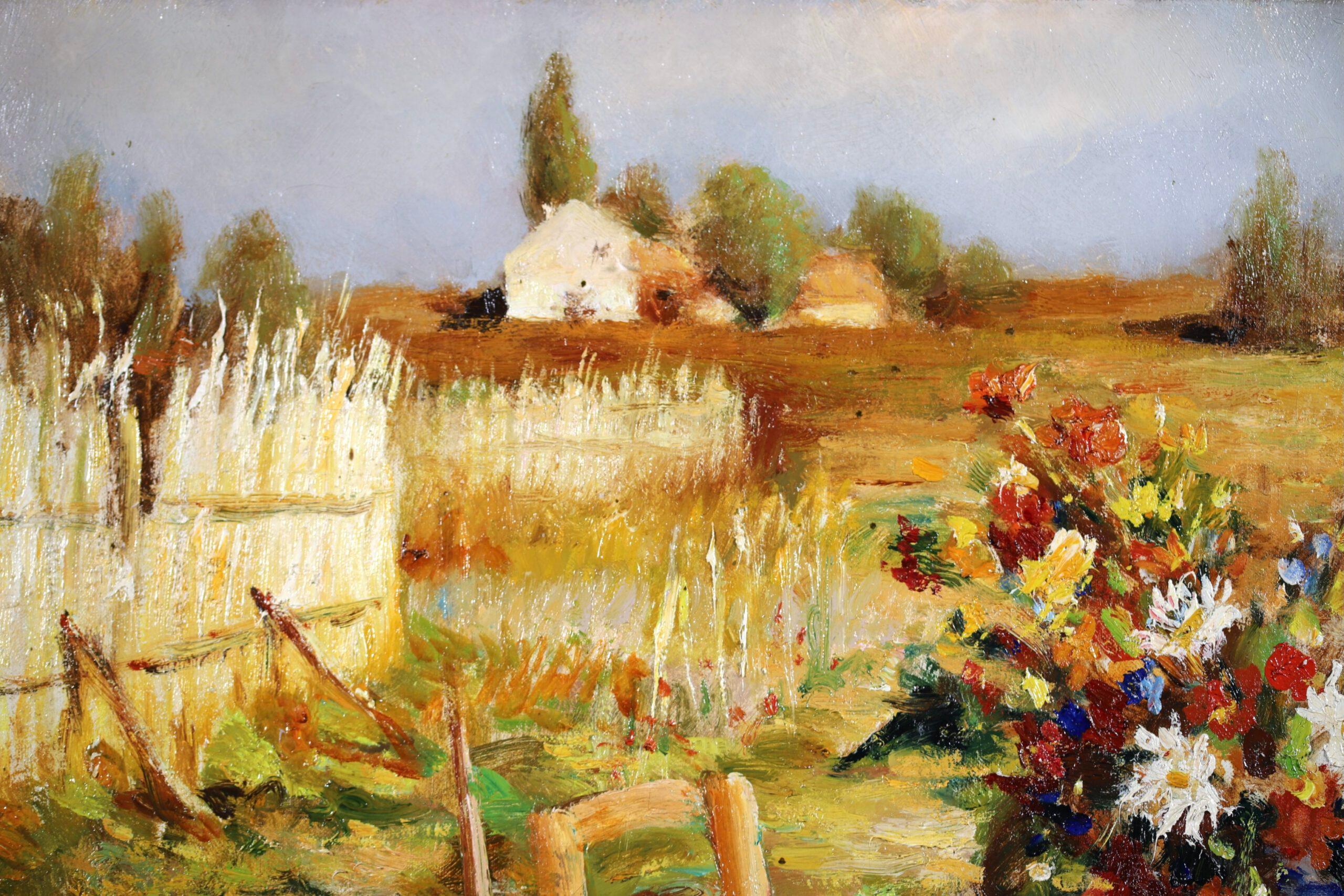 Paysage à l'huile sur toile signé, datant de 1950, de Marcel Dyf, peintre post impressionniste français très recherché. L'œuvre représente une table de petit-déjeuner avec du pain et, au centre, un vase bleu rempli de fleurs sauvages. La table est