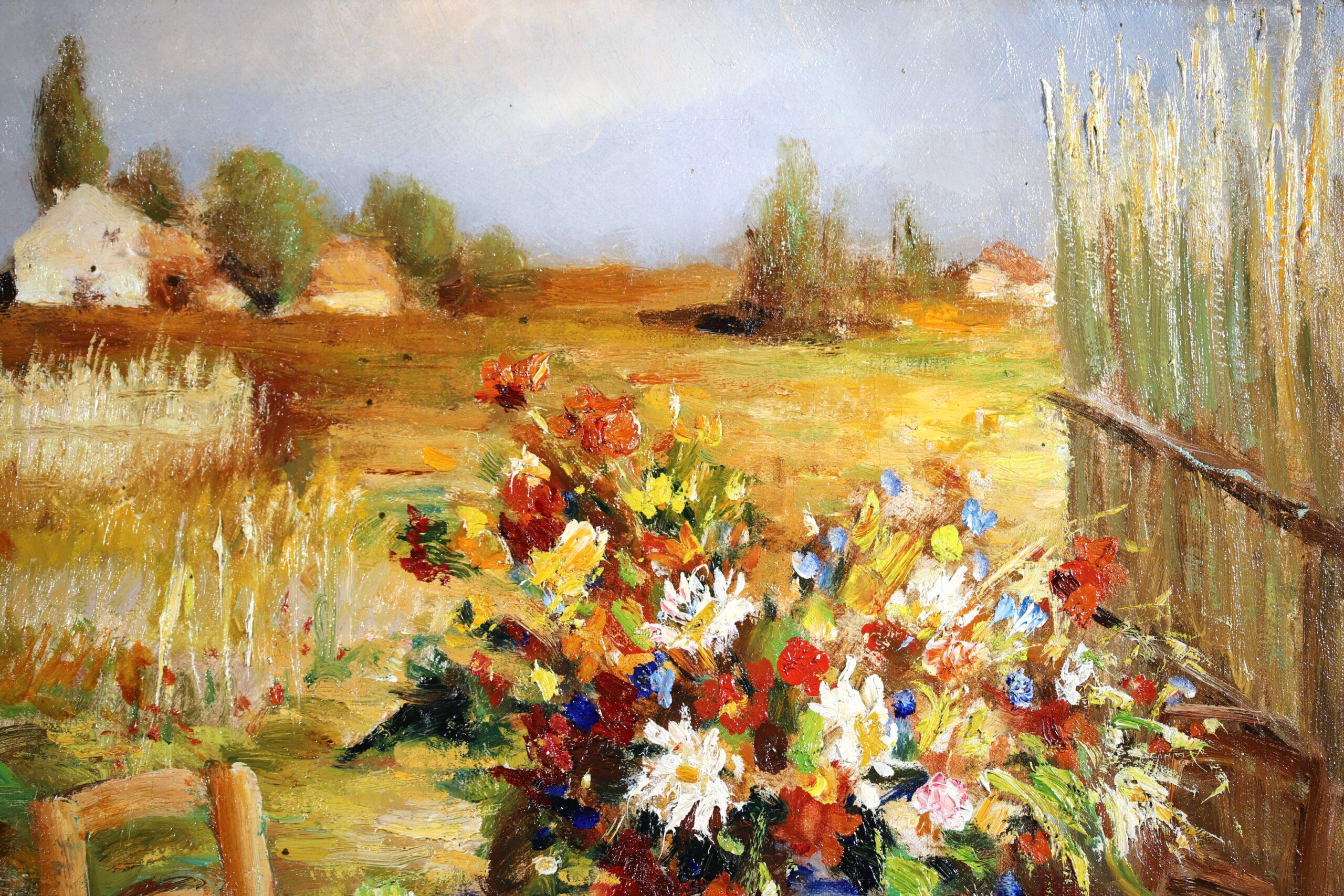 Signed oil on canvas landscape circa 1950 by sought after French post impressionist painter Marcel Dyf. The work depicts a breakfast table with bread laid out and a blue vase filled with wild flowers in the centre. The table is set in a rural