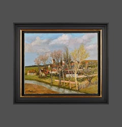 le Petit Ville Quadro di paesaggio impressionista della Francia, alberi, fiume, cottage
