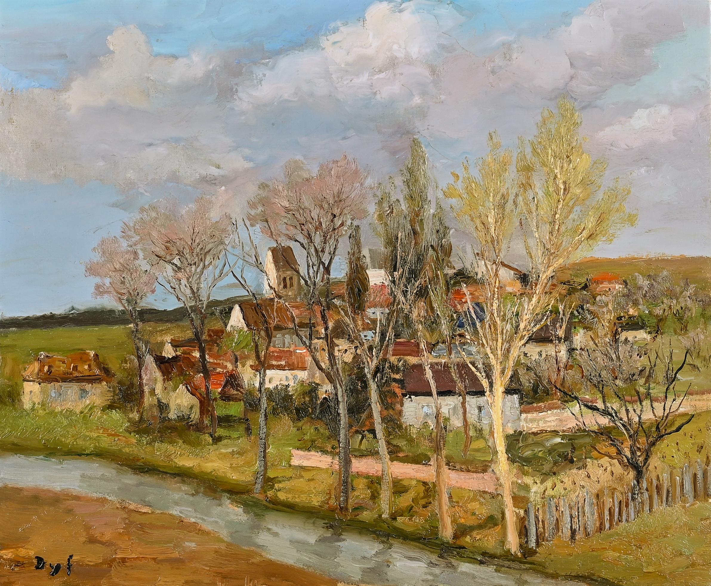 le Petit Ville Peinture impressionniste de paysage de France, arbres, rivière, chalet