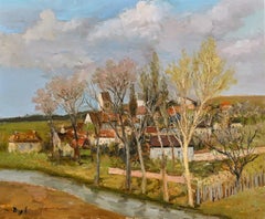 le Petit Ville Impressionist landscape painting of France, trees, river, cottage