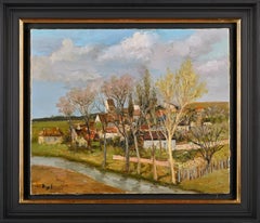 le Petit Ville Quadro di paesaggio impressionista della Francia, alberi, fiume, cottage