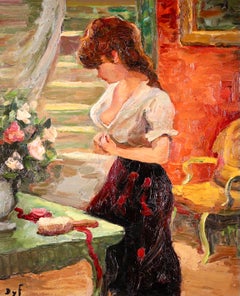 Le Salon Rouge - Post Impressionist Oil, Figure in Interior by Marcel Dyf