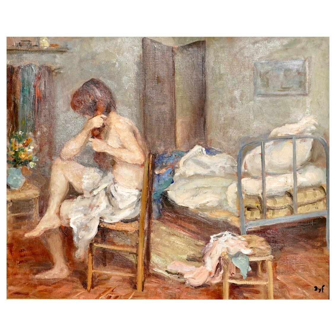 MARCEL DYF (FRANÇAIS 1899-1985) 

Fille se coiffant, 1957 Cette jeune femme délicate mais forte, de condition modeste, se coiffe à demi nue, assise sur une chaise dans sa chambre, en regardant une composition florale. Les couleurs sont vraies et