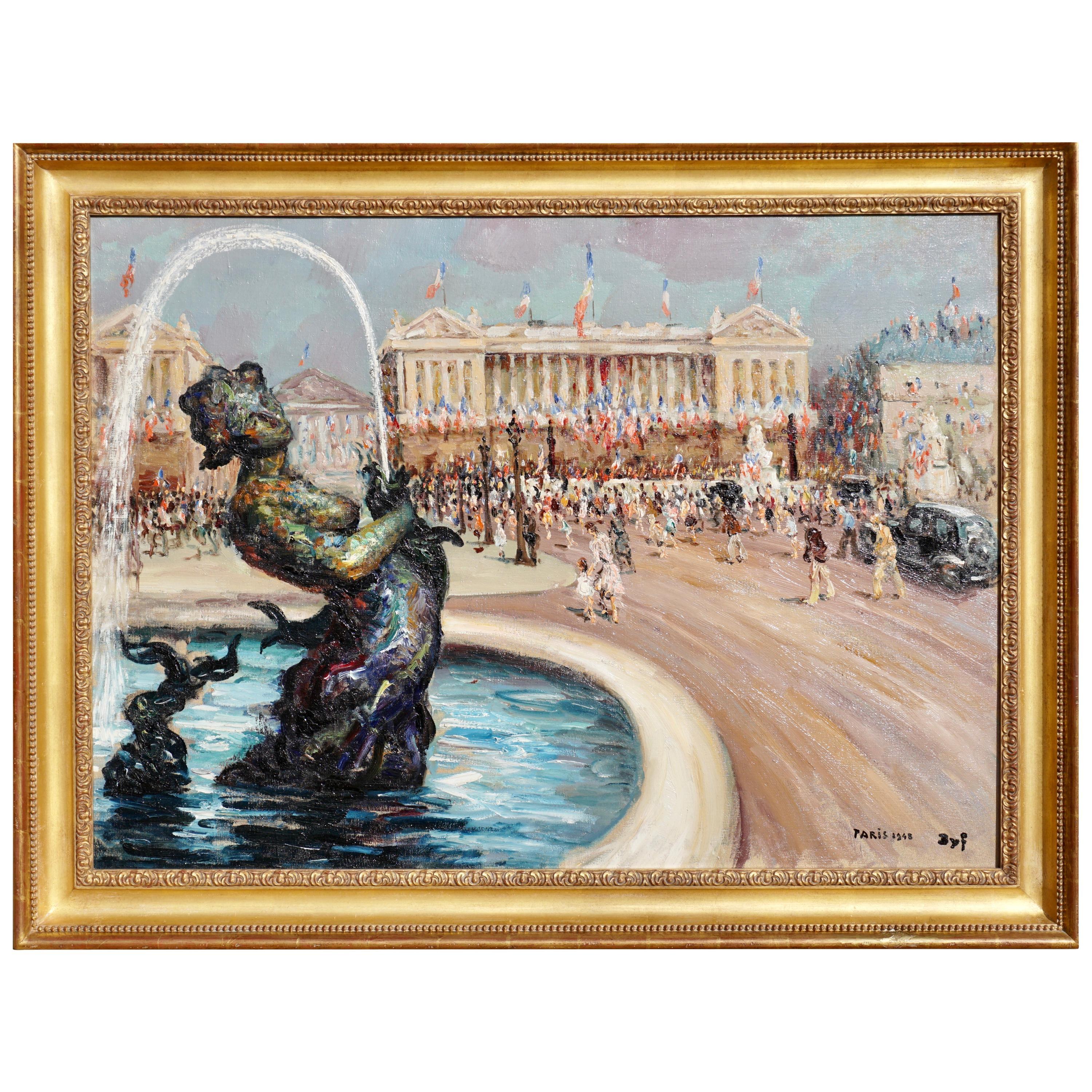 Marcel Dyf
Francese, 1899-1985 
"Place de La Concorde" , 1948 
Firmato Dyf e datato 1948 Parigi (lr) 
Olio su tela 
Tela: 29 x 39,75 pollici (73,6 x 99 cm) 
Con cornice: 35 x 45,25 pollici

Questo dipinto ad olio su tela originale di Dyf, più grande