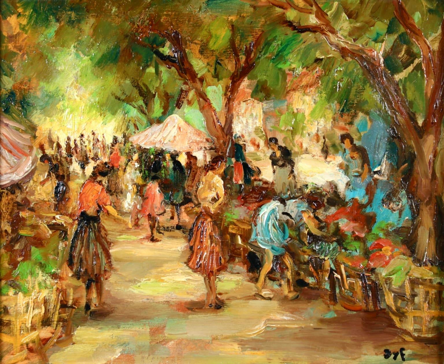 A charming oil on canvas circa 1960 by sought after French post impressionist painter Marcel Dyf depicting women at a flower market in Arles, France. The stalls are shaded by the long row of trees.

Signature:
Signed lower