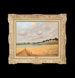 On the Lake impressionist Landscape Painting of South France, water, boats, gold