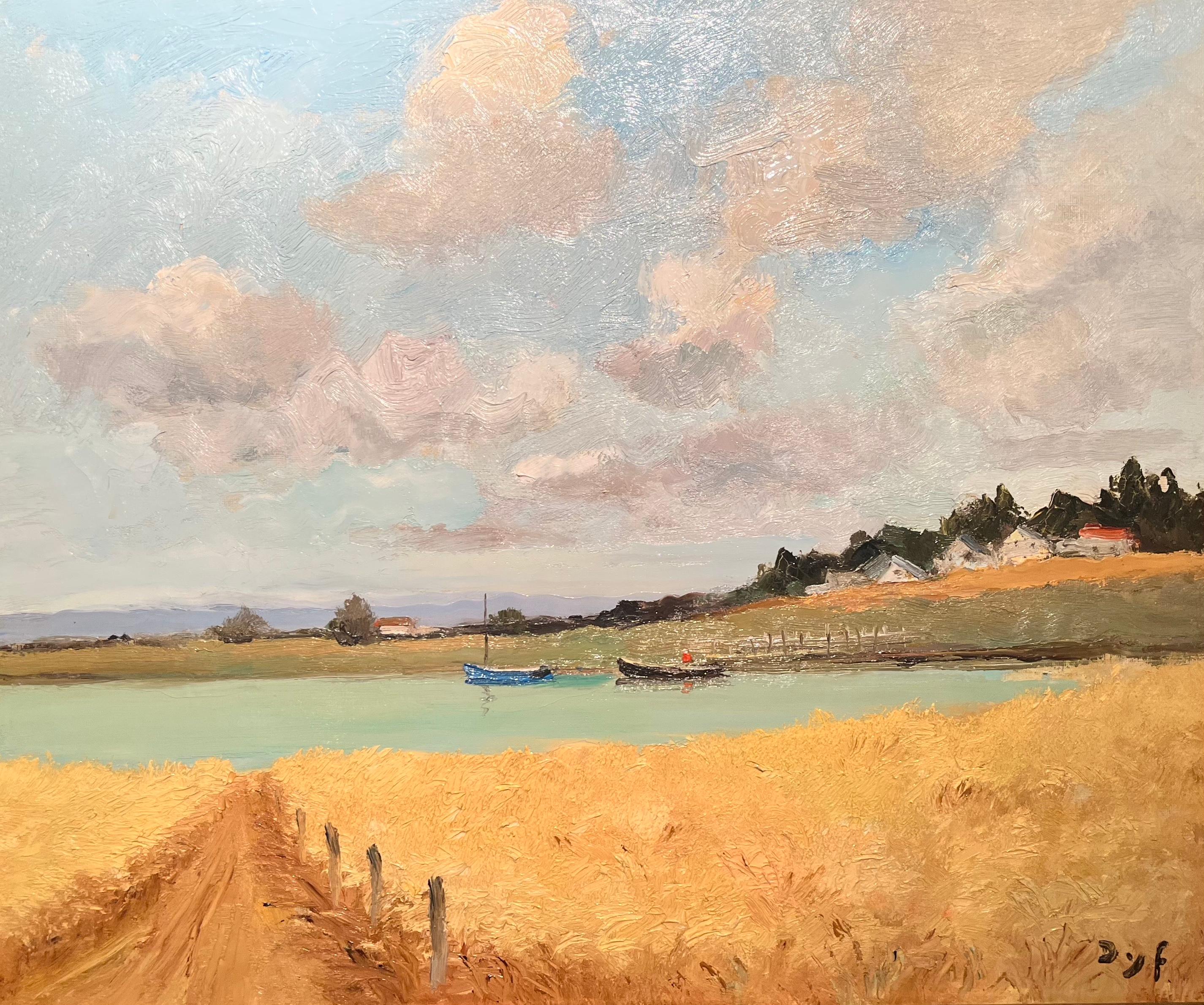 Sul lago, dipinto di paesaggio impressionista del sud della Francia, acqua, barche, oro