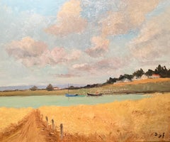 On the Lake impressionist Landscape Painting of South France, water, boats, gold