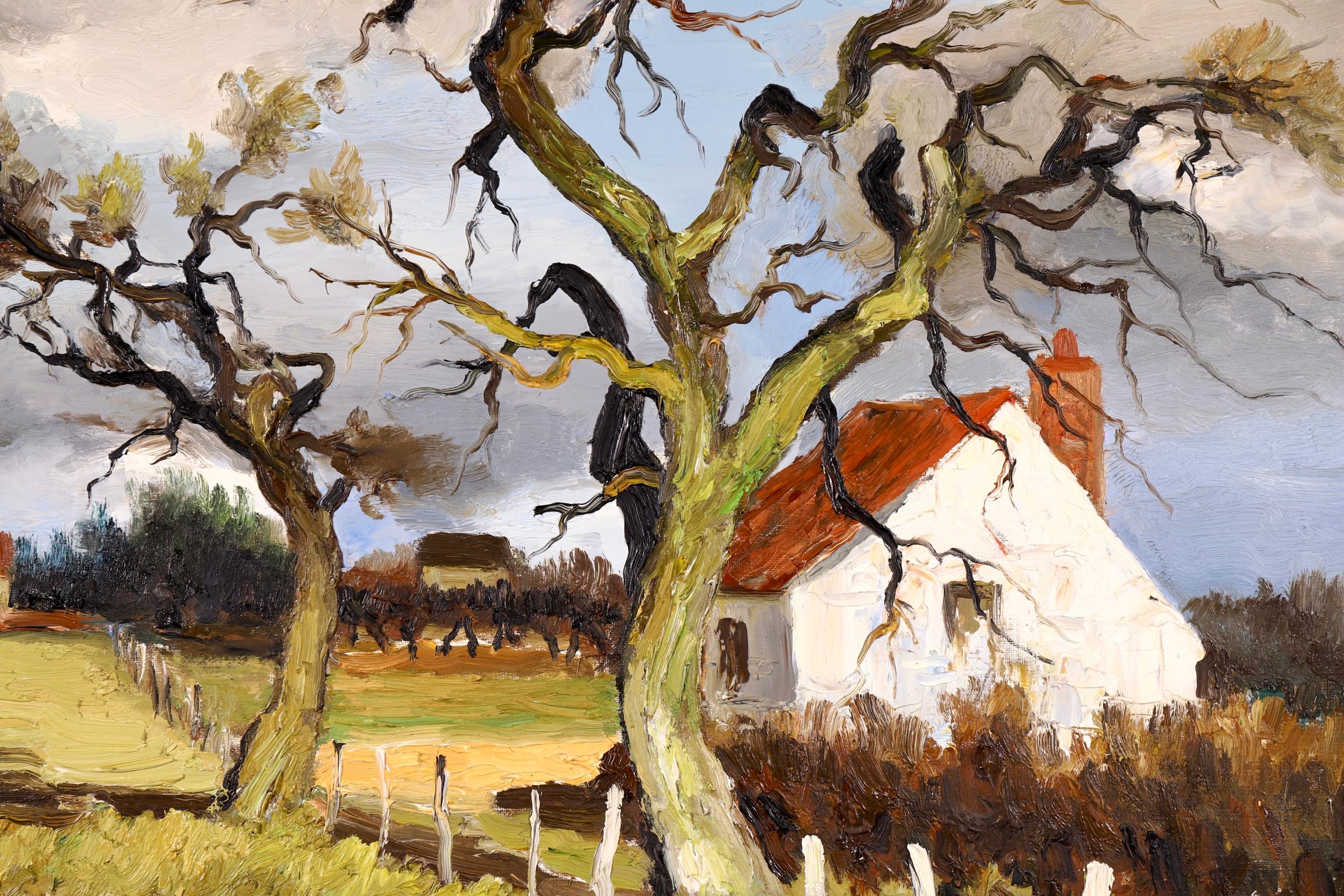 A beautiful oil on canvas circa 1960 by sought after French post impressionist painter Marcel Dyf. The work depicts an orchard on a farm in winter. There is a white cottage with red tiled roof to the right beside bare trees and other farmhouses
