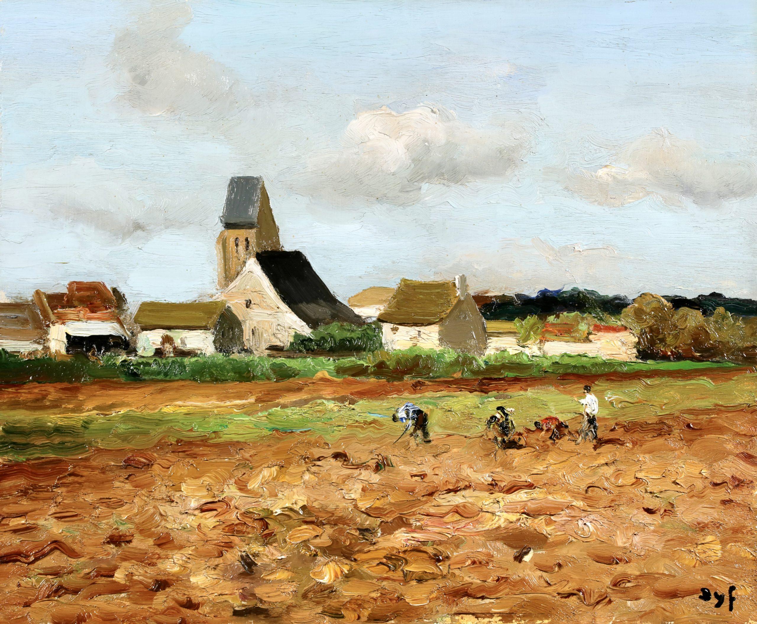 Paysans devant le village - Paesaggio post impressionista a olio di Marcel Dyf in vendita 1