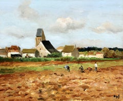Paysans devant le village - Paesaggio post impressionista a olio di Marcel Dyf