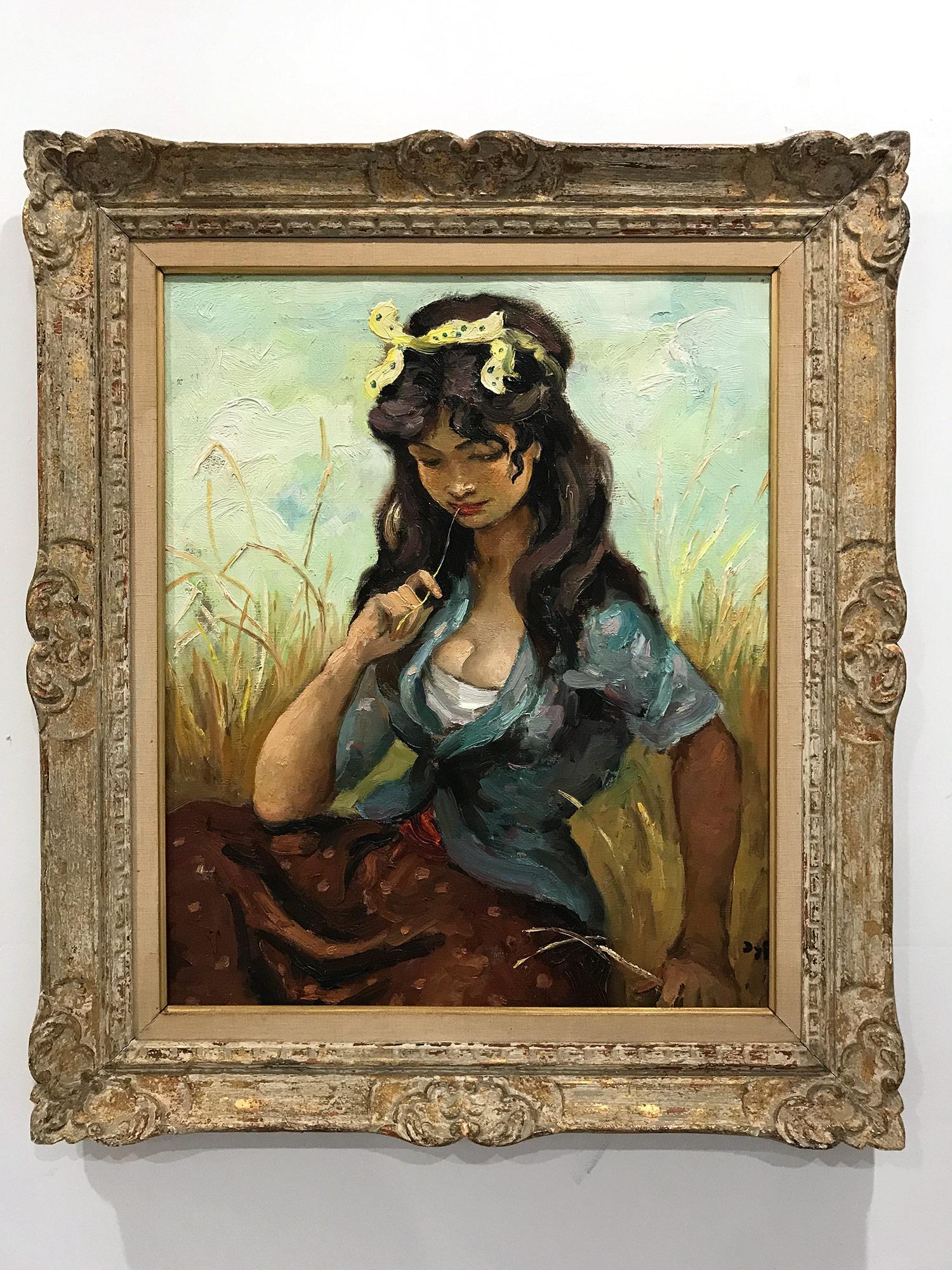 « Pensive Gypsy Girl Sitting in a Field », huile sur toile Peinture impressionniste en vente 7