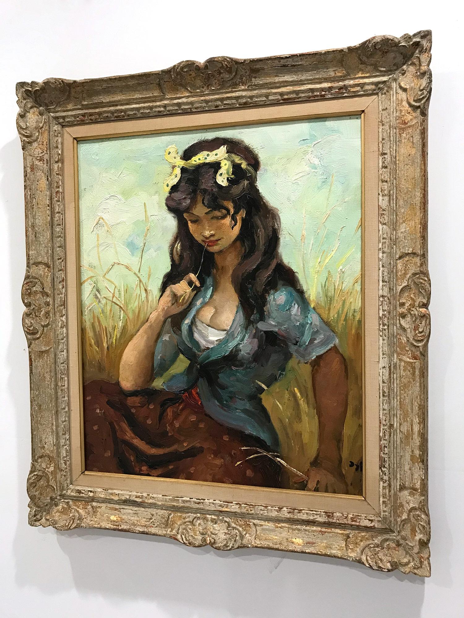« Pensive Gypsy Girl Sitting in a Field », huile sur toile Peinture impressionniste en vente 8