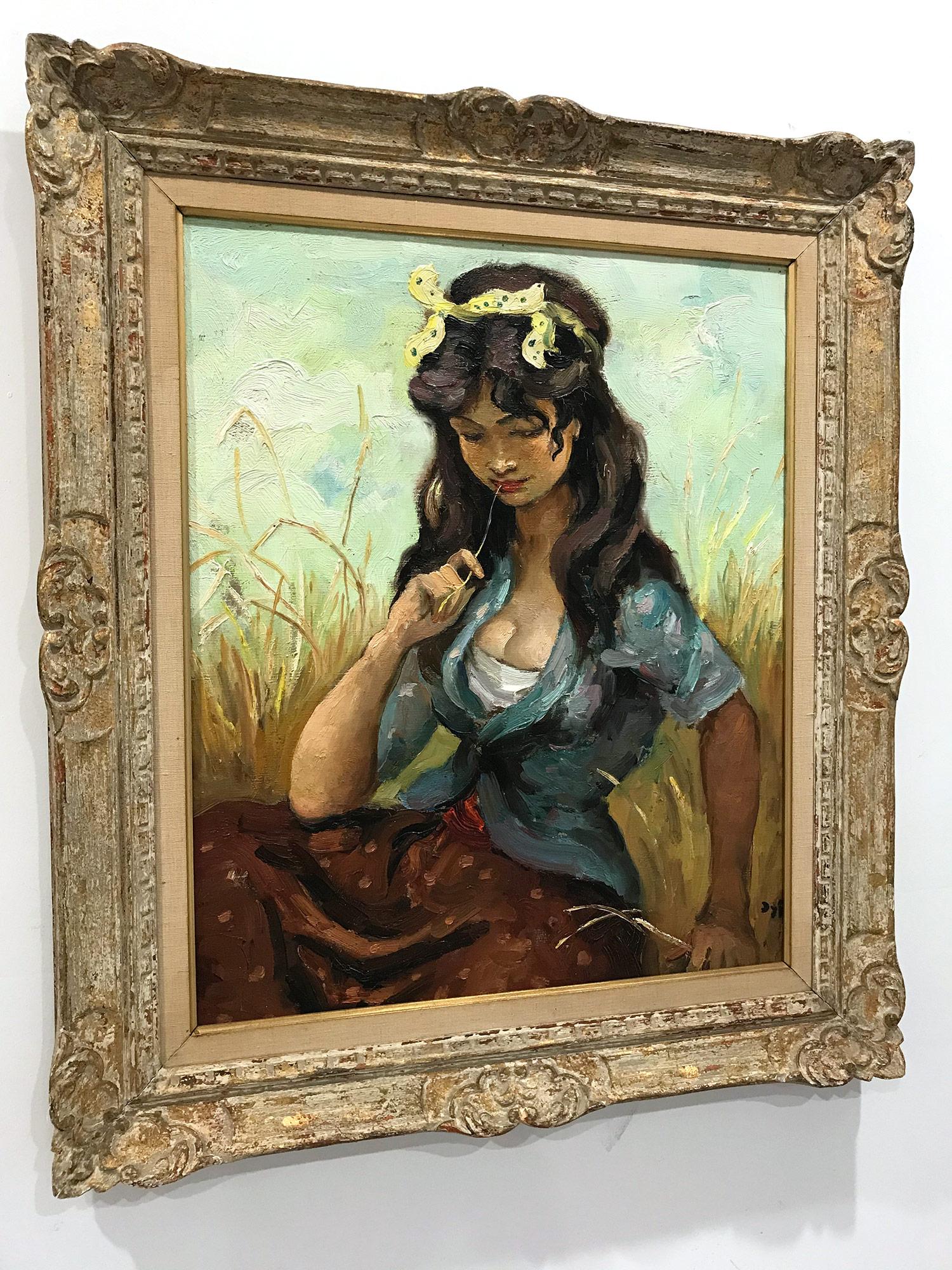 « Pensive Gypsy Girl Sitting in a Field », huile sur toile Peinture impressionniste en vente 9