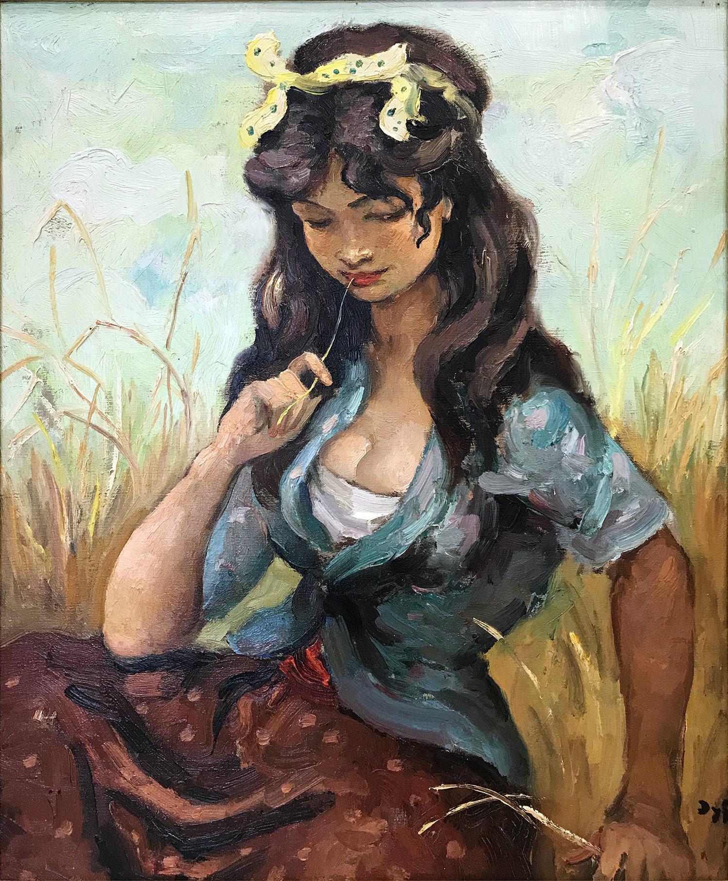 « Pensive Gypsy Girl Sitting in a Field », huile sur toile Peinture impressionniste - Painting de Marcel Dyf