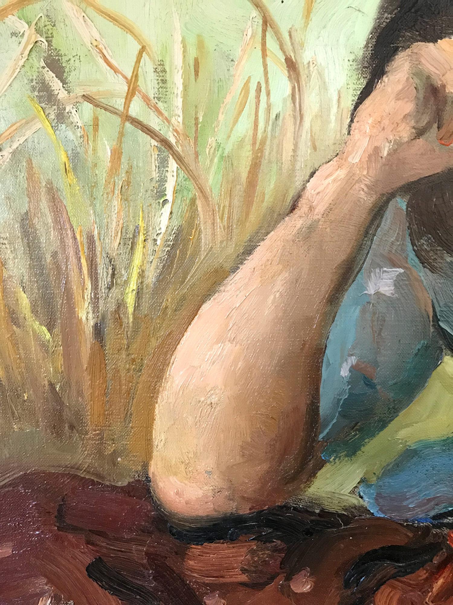 « Pensive Gypsy Girl Sitting in a Field », huile sur toile Peinture impressionniste - Marron Figurative Painting par Marcel Dyf