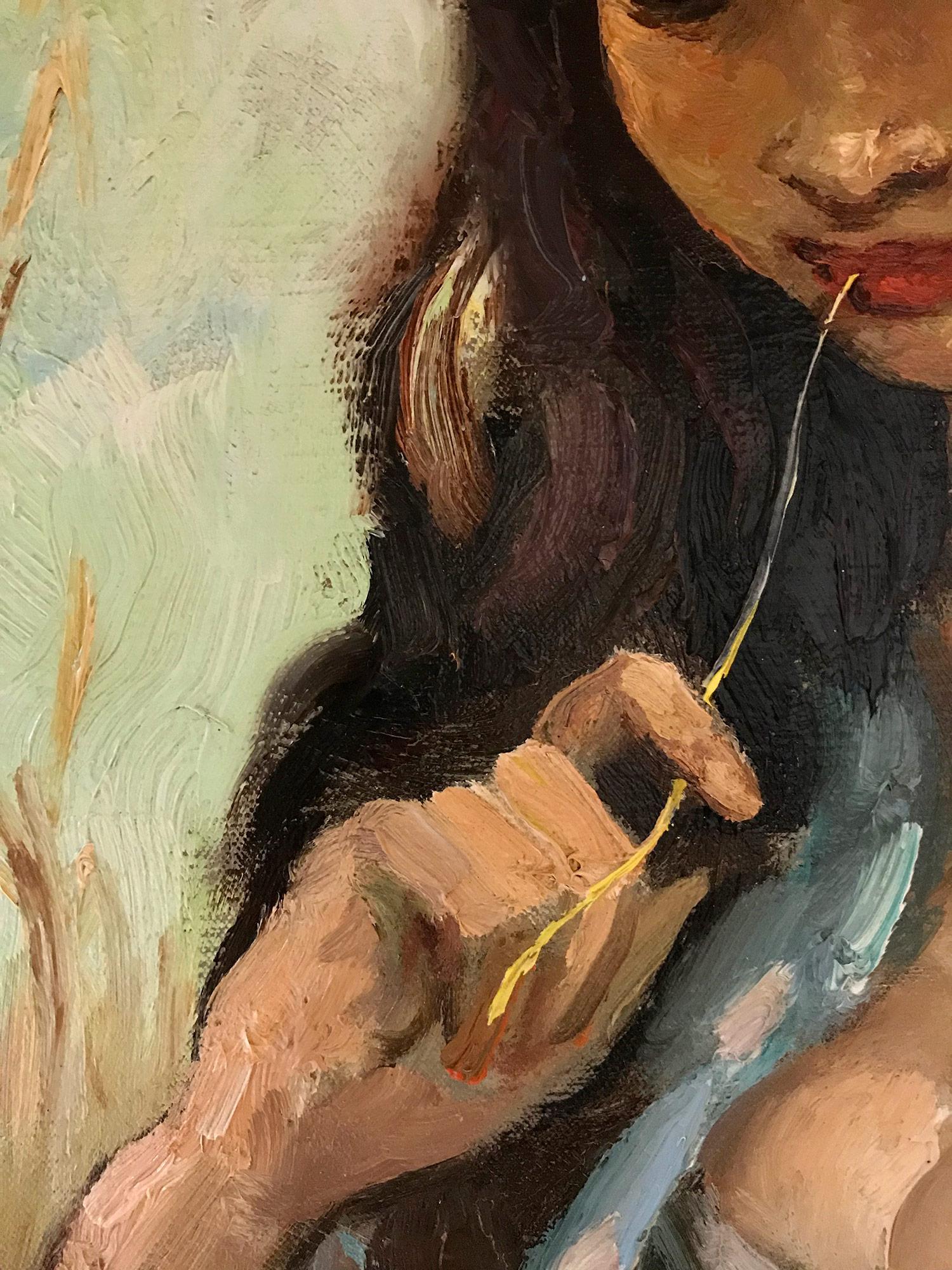 « Pensive Gypsy Girl Sitting in a Field », huile sur toile Peinture impressionniste en vente 2