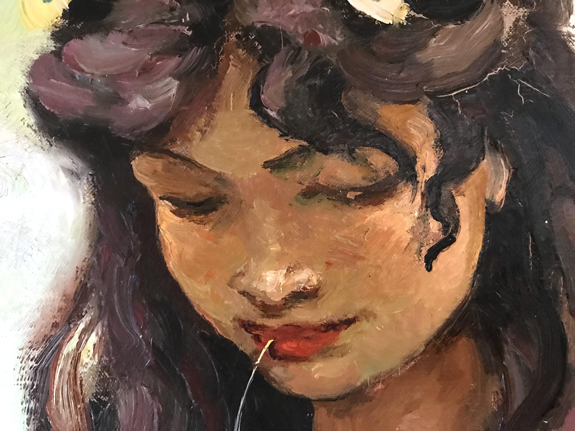 « Pensive Gypsy Girl Sitting in a Field », huile sur toile Peinture impressionniste en vente 3