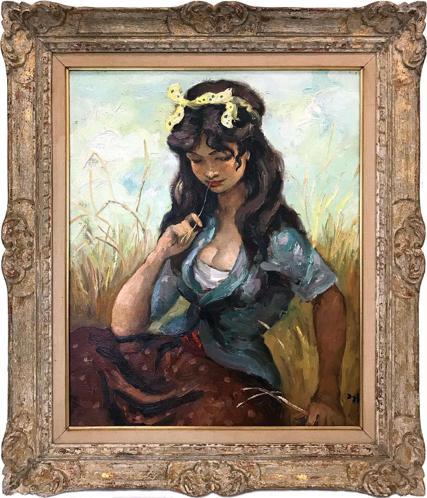 Figurative Painting Marcel Dyf - « Pensive Gypsy Girl Sitting in a Field », huile sur toile Peinture impressionniste