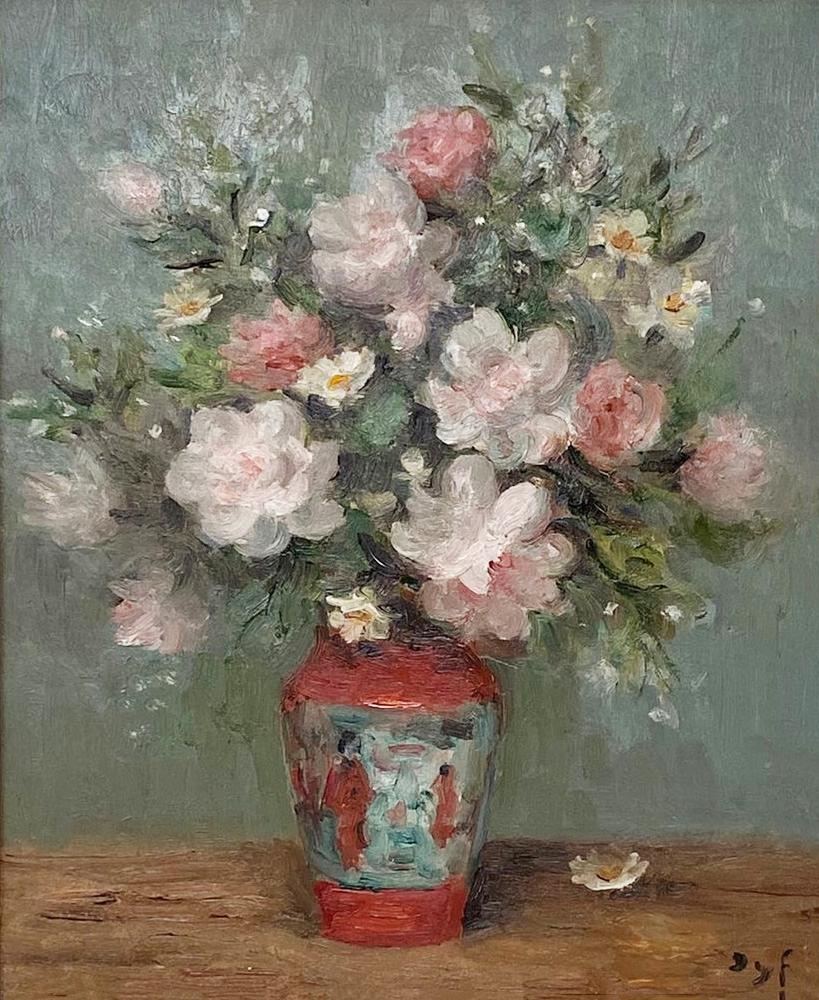 Marcel Dyf - Pink Roses Impressionist Still Life painting of rose