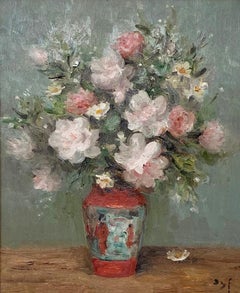 Pink Roses Impressionist Still Life painting of rose flowers, in vase, red green