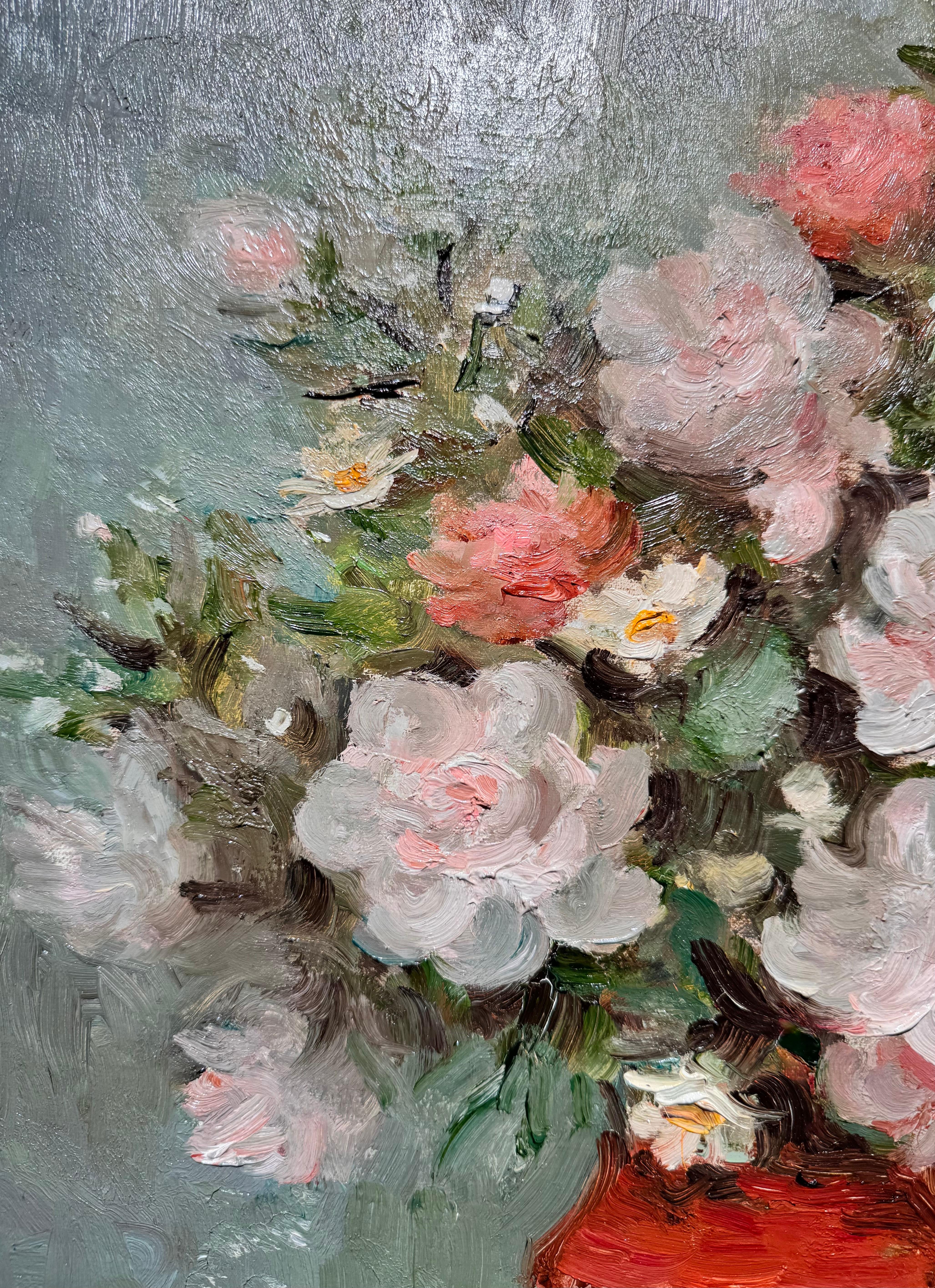 Marcel Dyf - Pink Roses Impressionist Still Life painting of rose
