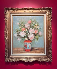 Pink Roses Impressionist Still Life painting of rose flowers, in vase, red green