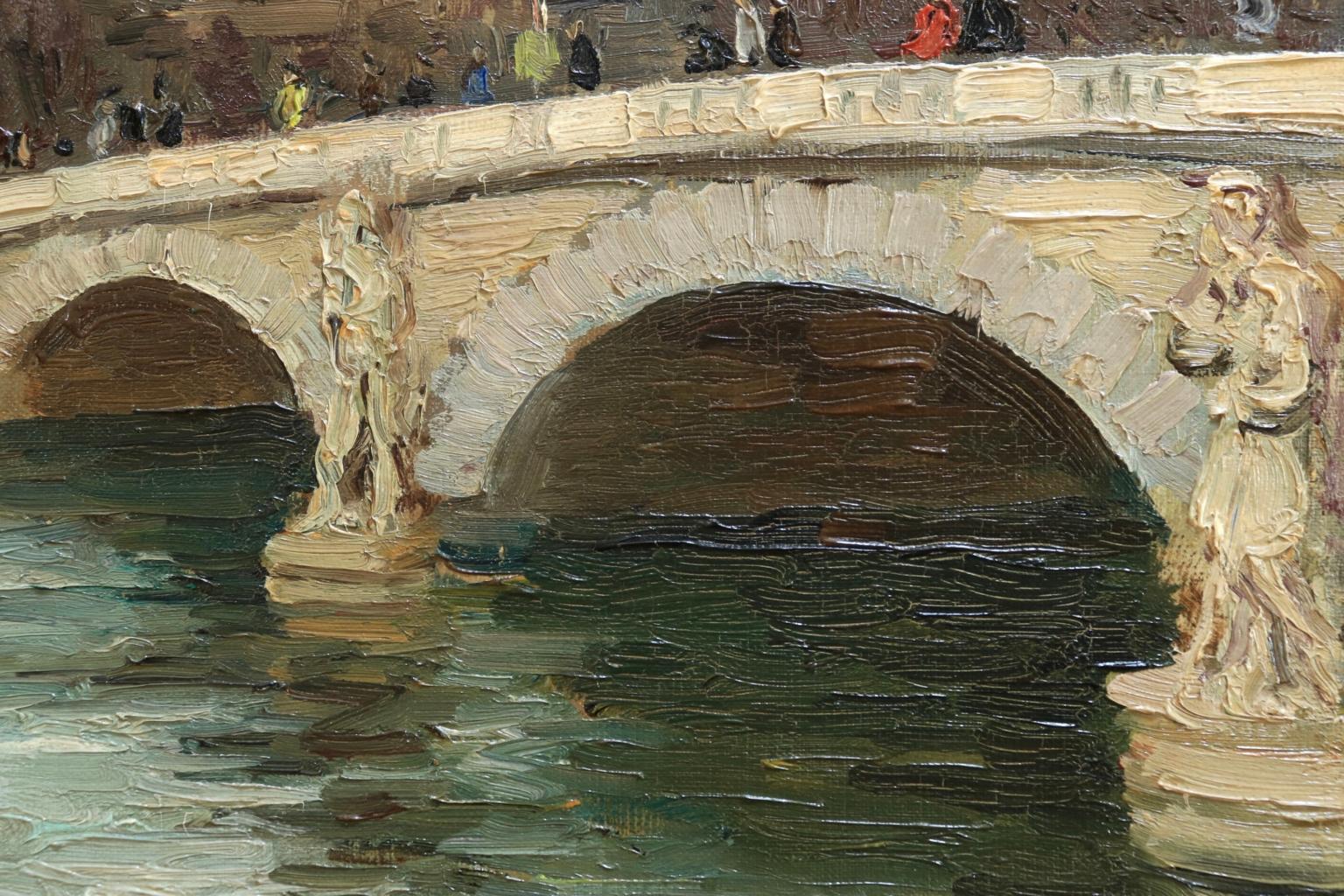 A lovely oil on canvas circa 1940 by sought after French painter Marcel Dyf, depicting a view of the Pont de l'Alma (Alma Bridge) which runs over the River Seine and the buildings of Paris beyond. Figures are crossing the bridge on what appears to