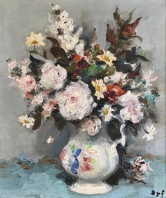"Rose e camomilla", natura morta impressionista francese, olio su tela, cornice dorata