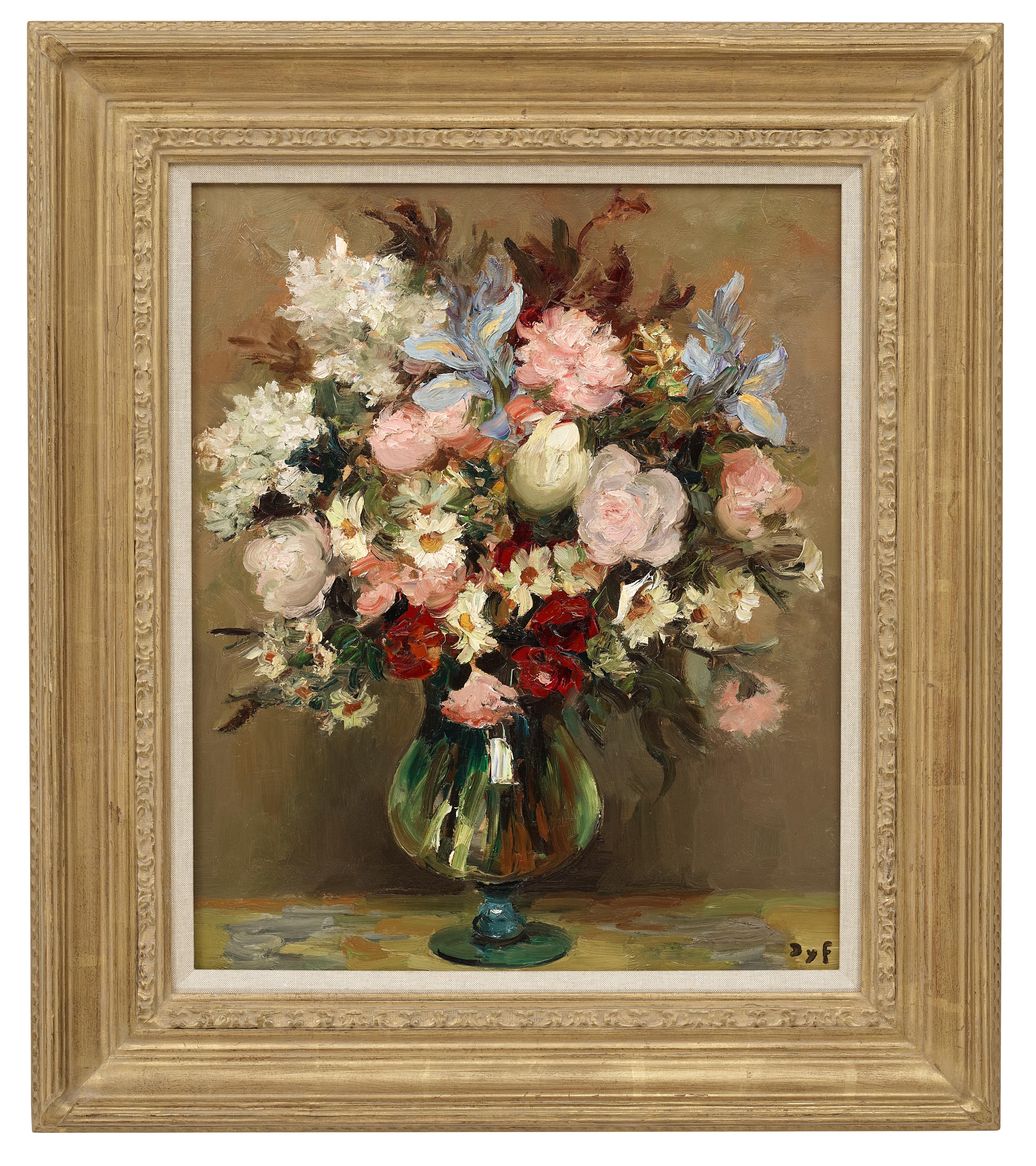 'Roses & Irises' 20th Century Still Life Painting of a pink bouquet of flowers