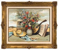Natura morta con fiori e un mandolino, dipinto a olio su tela